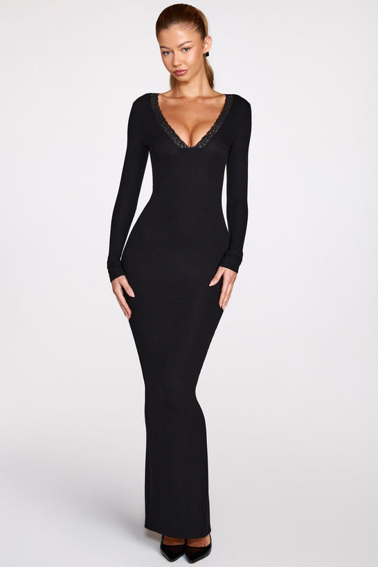 Modal Long-Sleeve Plunge Maxi Dress in Black