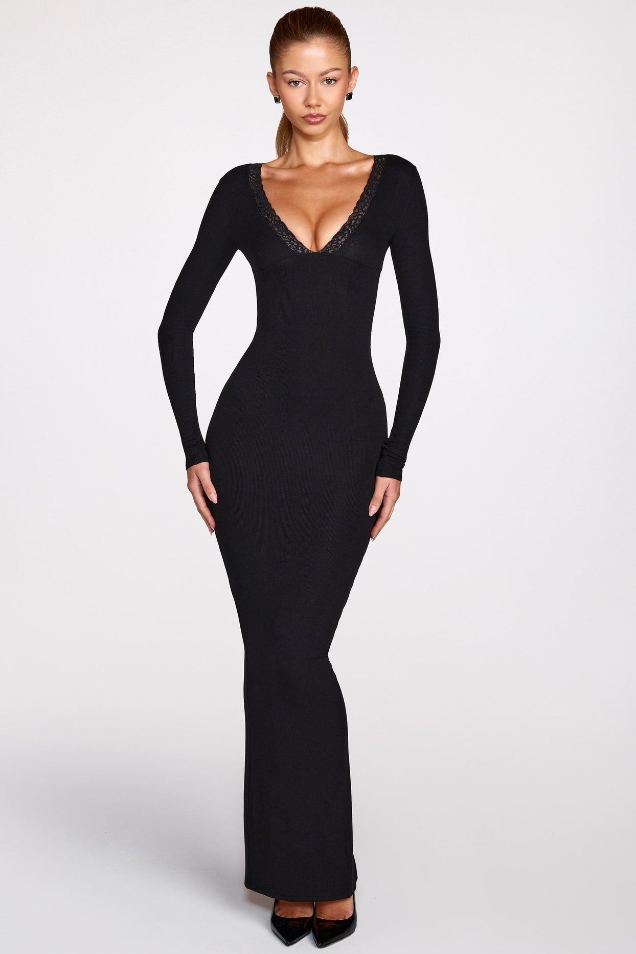 Modal Long-Sleeve Plunge Maxi Dress in Black