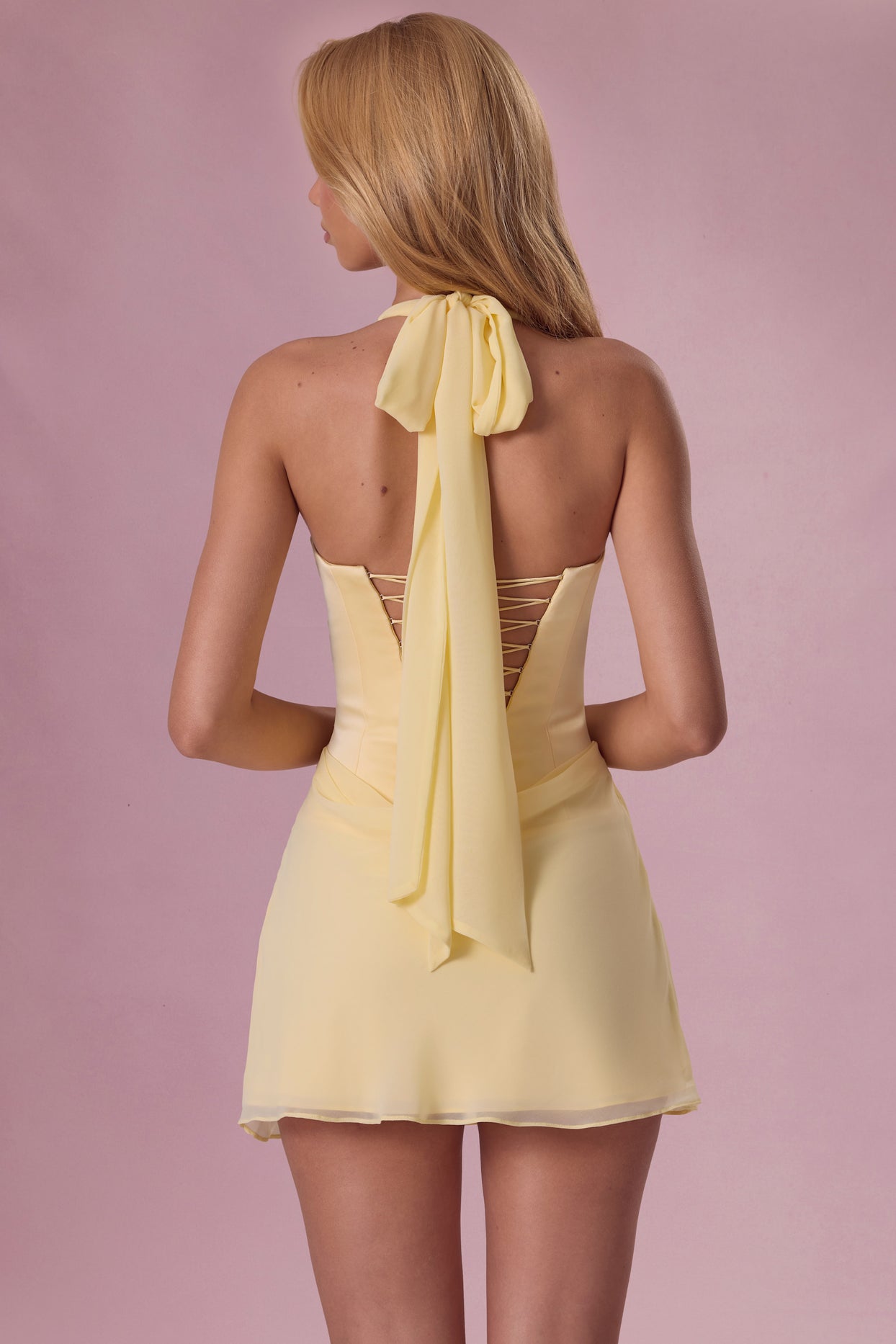 Premium Satin Draped Mini Dress in Butter Yellow