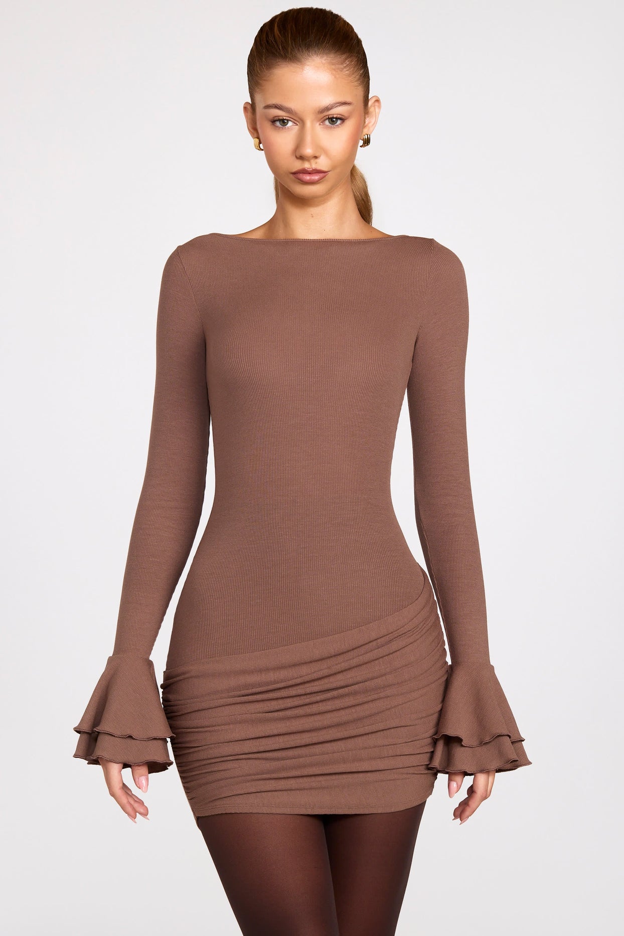 Modal Long-Sleeve Draped Mini Dress in Mocha