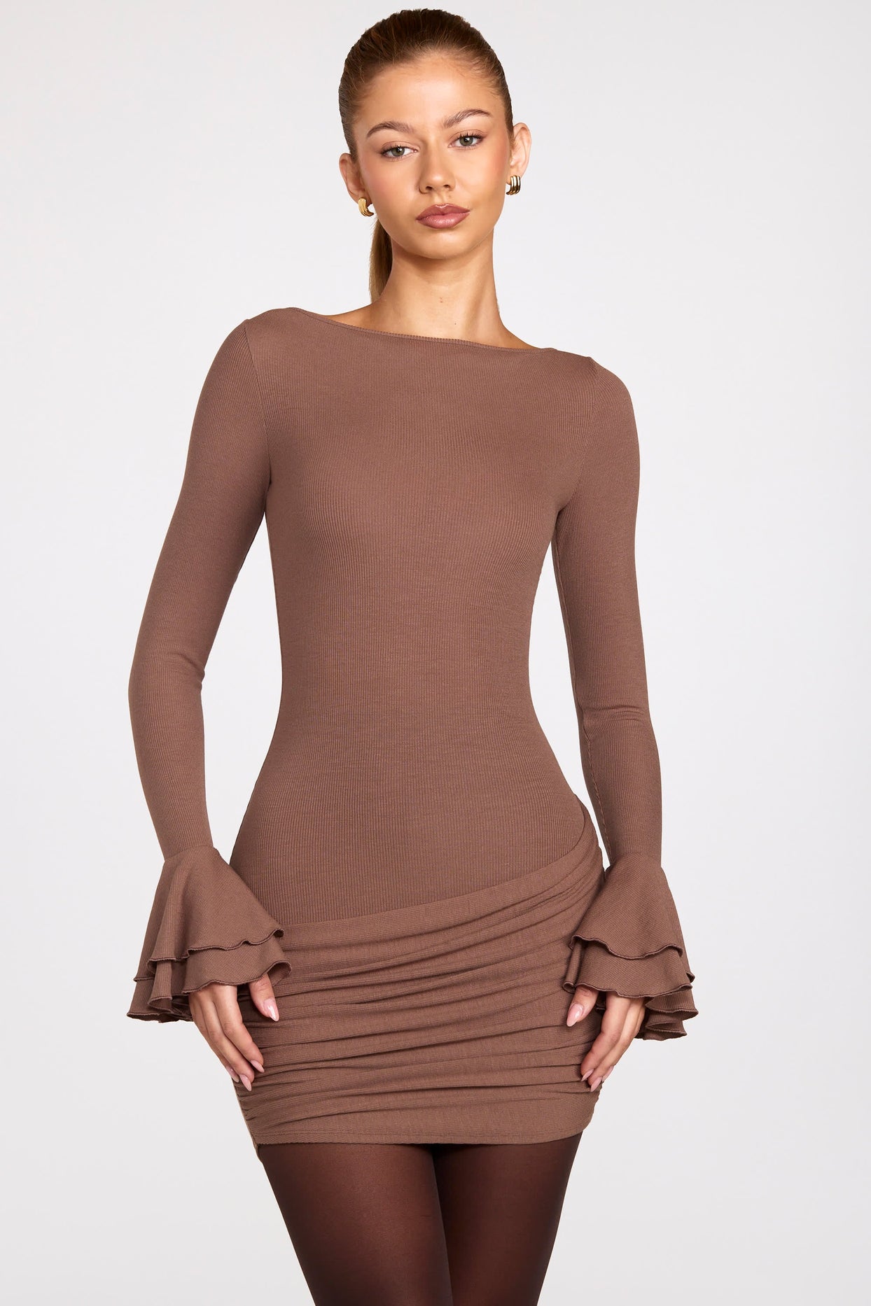 Modal Long-Sleeve Draped Mini Dress in Mocha