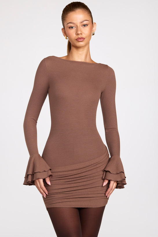 Modal Long-Sleeve Draped Mini Dress in Mocha