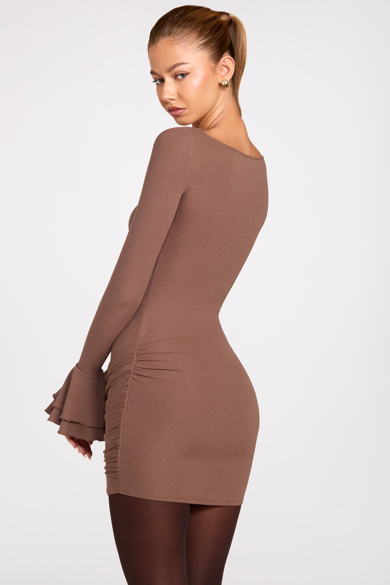Modal Long-Sleeve Draped Mini Dress in Mocha
