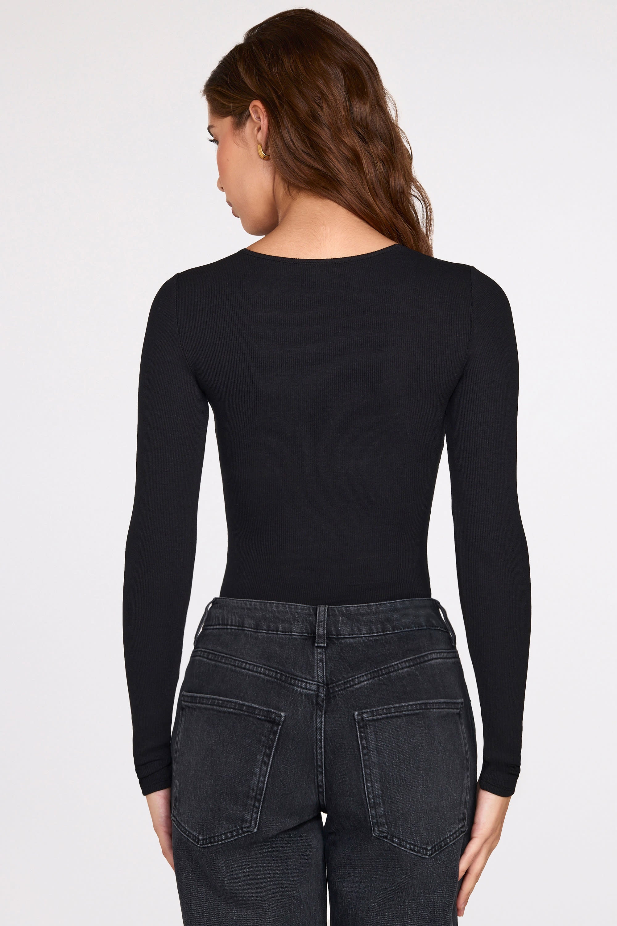 Verity Modal Long-Sleeve Plunge Bodysuit in Black | Oh Polly