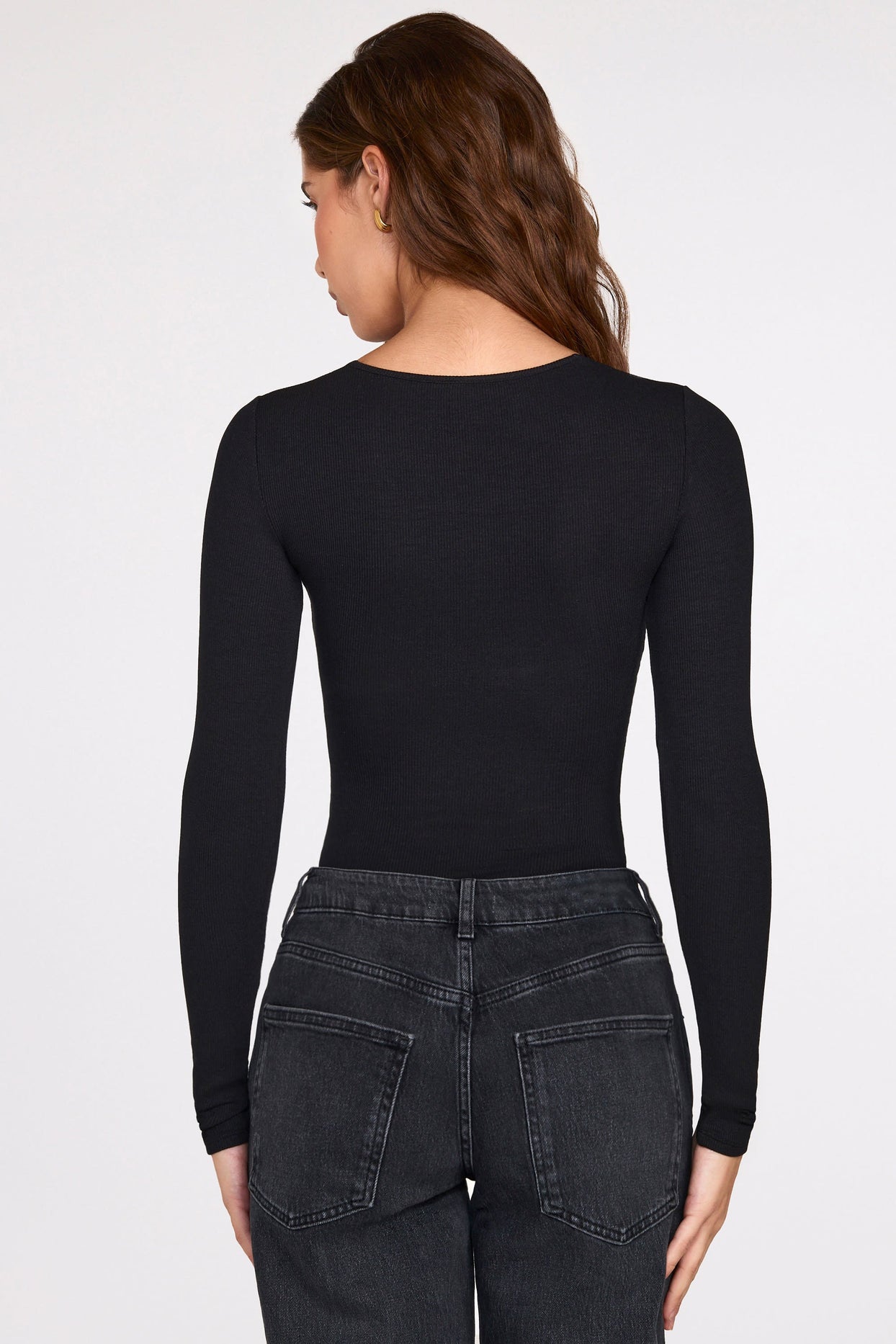 Modal Long-Sleeve Plunge Bodysuit in Black