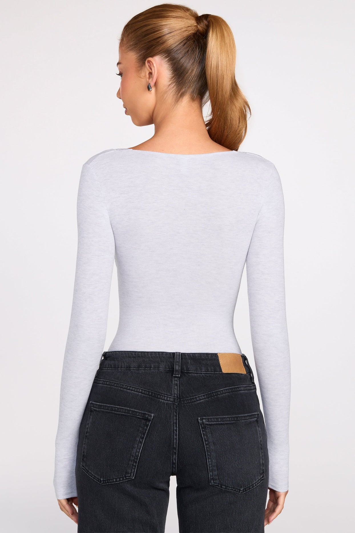 Modal Long-Sleeve Plunge Bodysuit in Grey