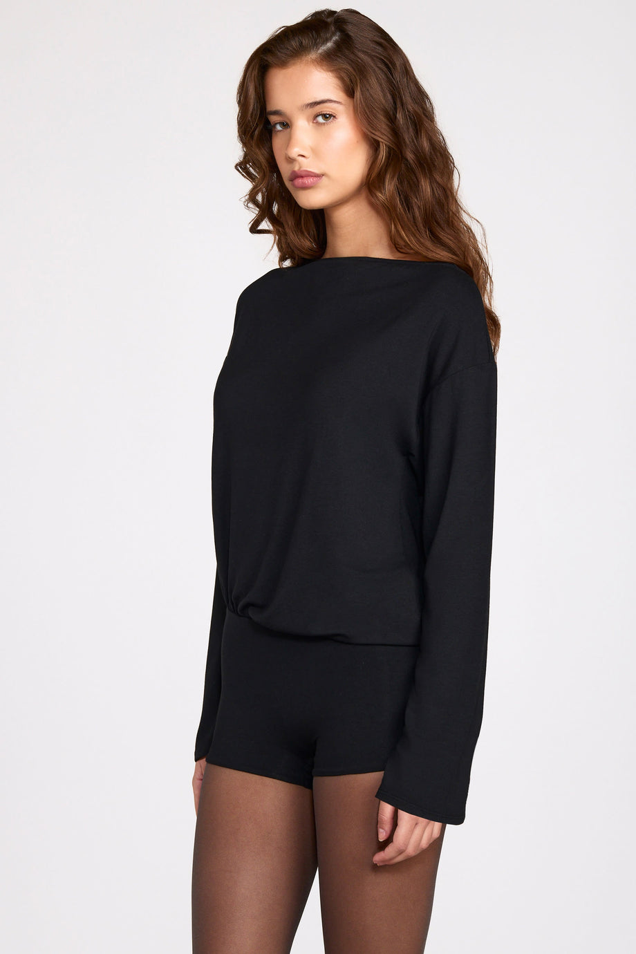 Modal Long-Sleeve Backless Romper in Black