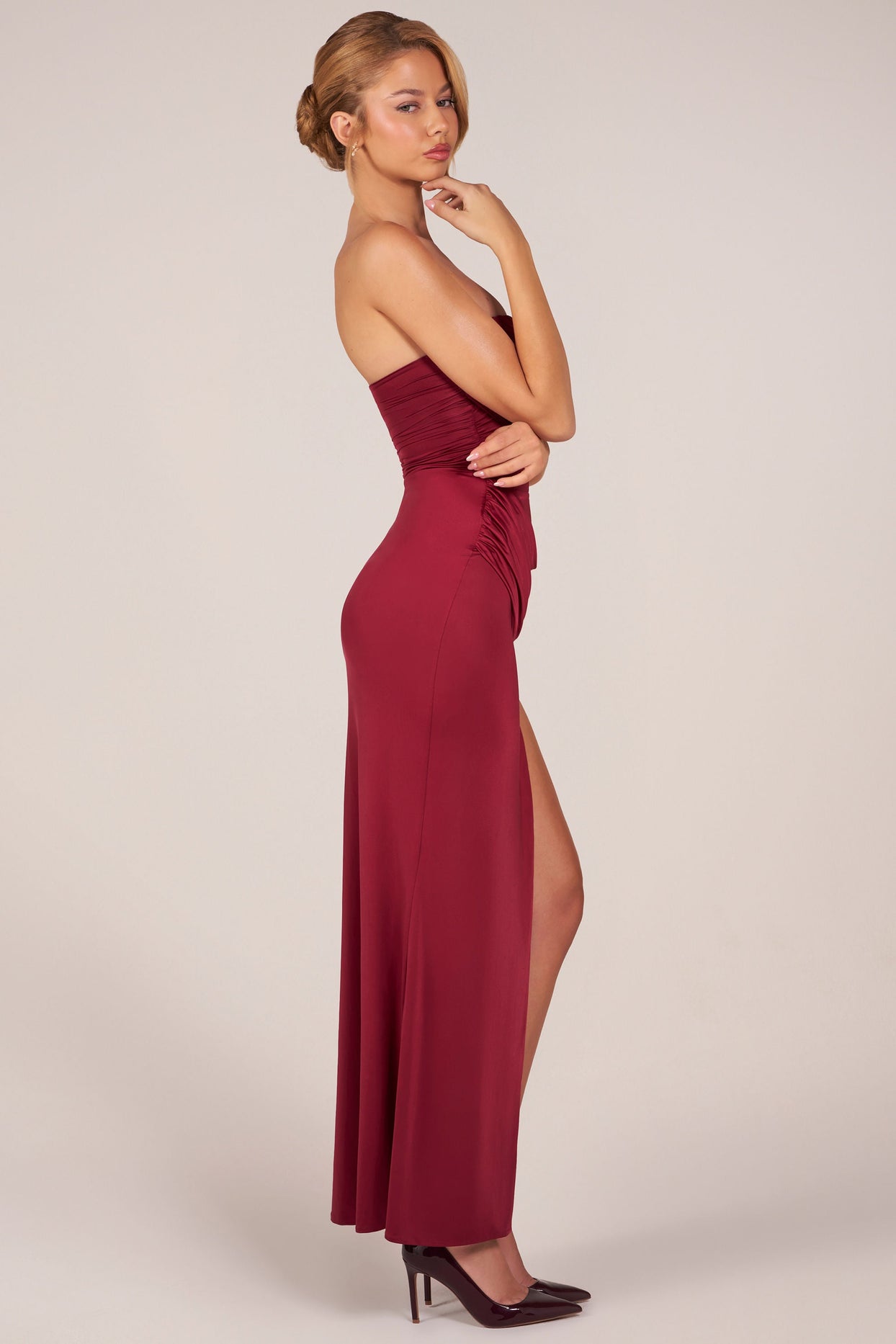 Bandeau Draped Thigh-High Maxi Dress in Cherry Red