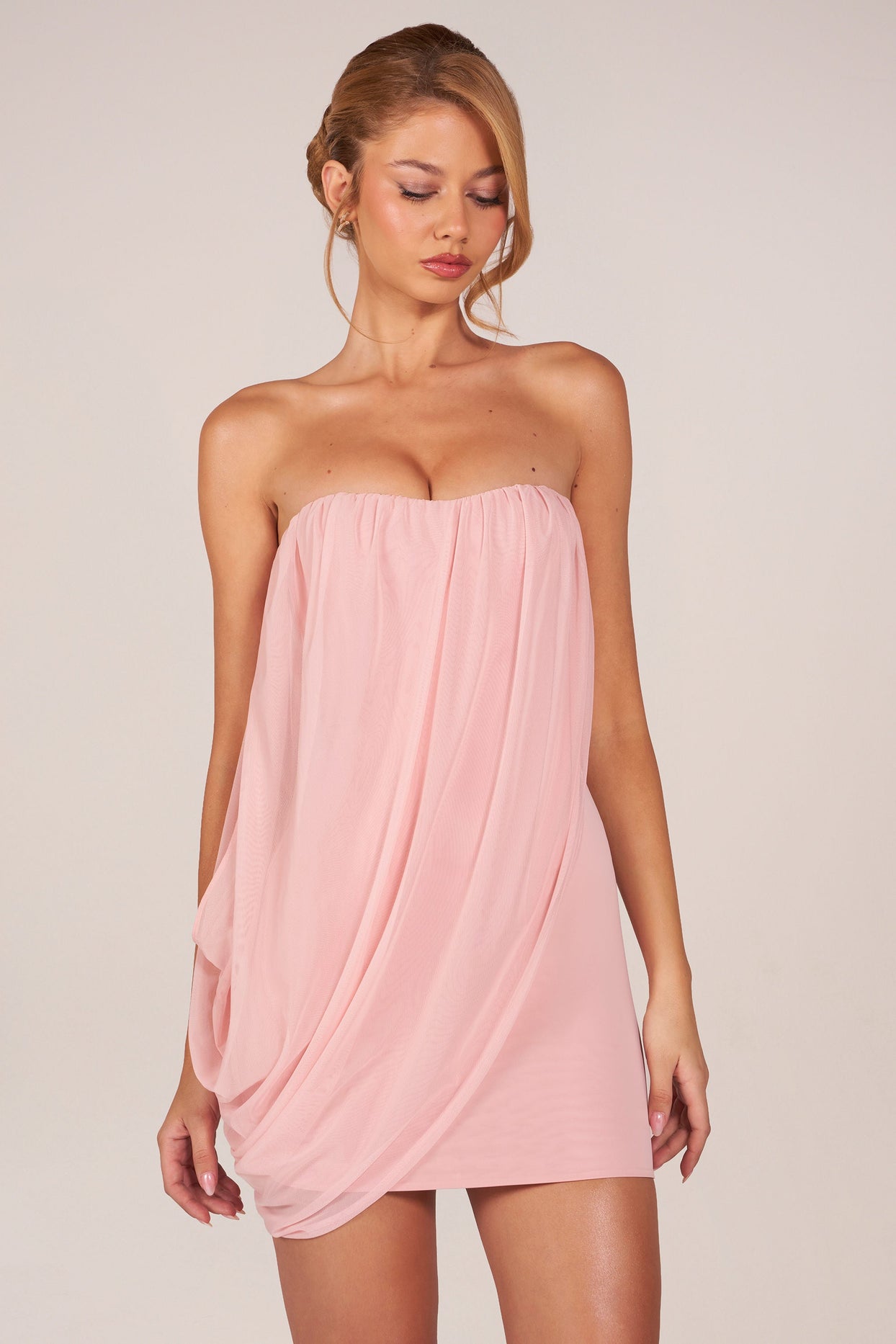Bandeau Draped Mini Dress in Blush Pink