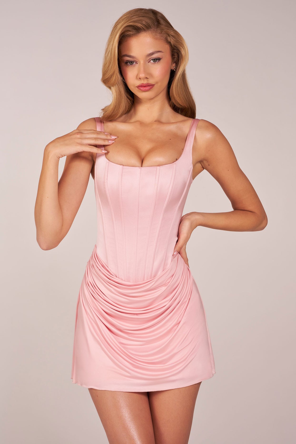 Lace-Up Draped Mini Dress in Blush Pink