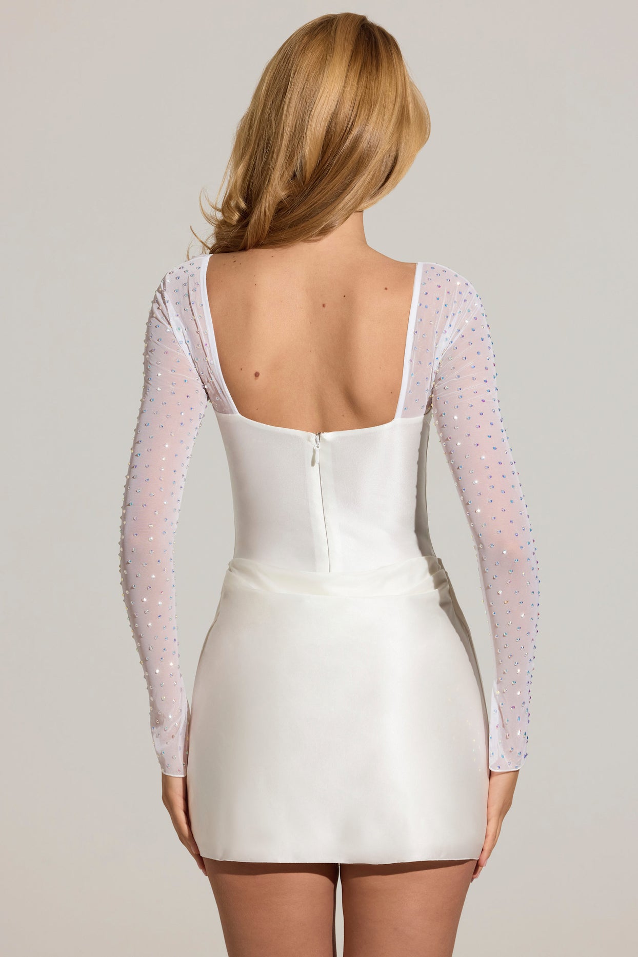 Embellished Long-Sleeve Draped Mini Dress in White - 7