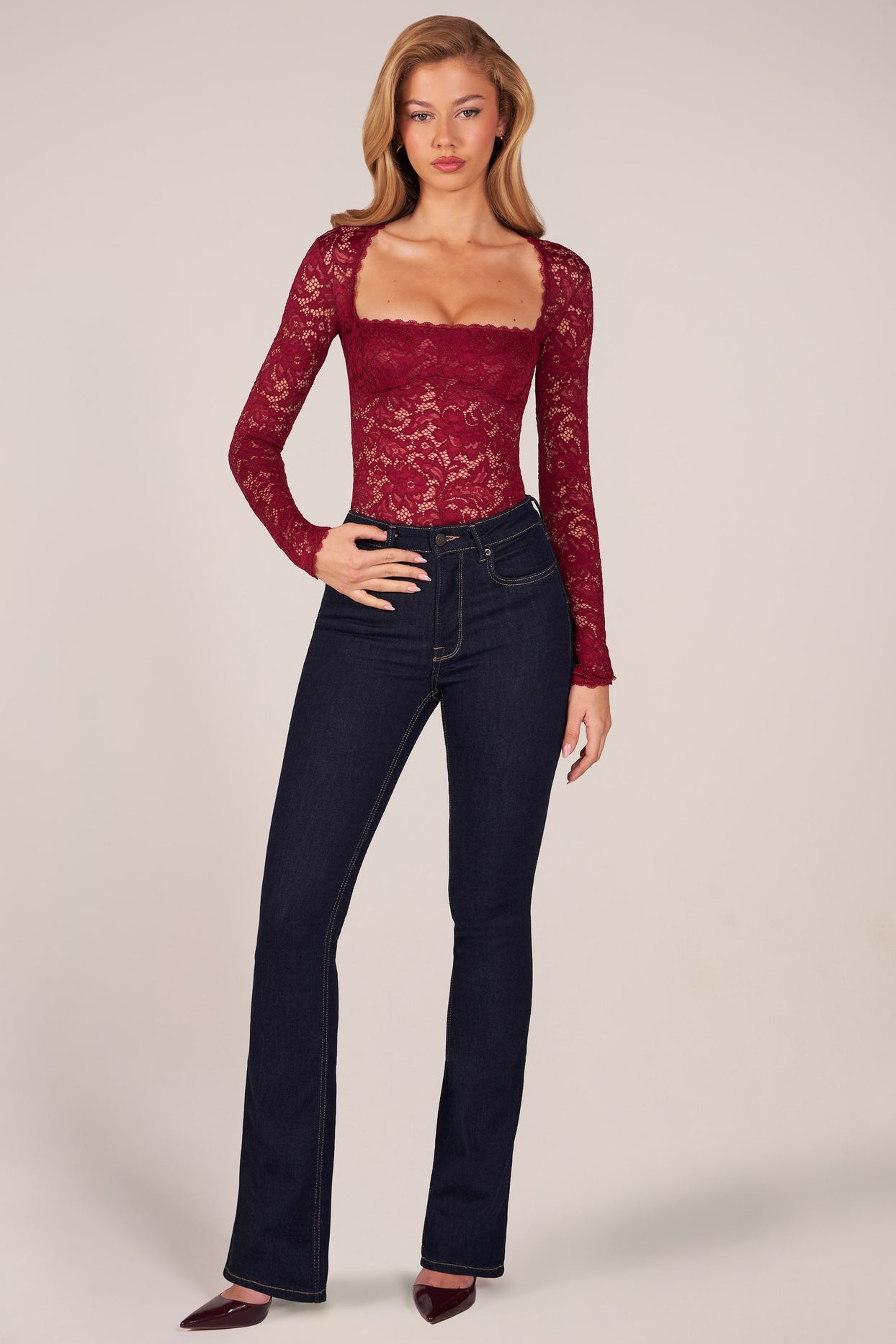Long-Sleeve Laced Bodysuit in Cherry Red