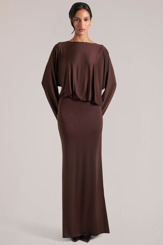Oh Polly model Yasmin wearing the Lani Maxi Dress in Chocolate Brown Soft Jersey fabric perfect for date night