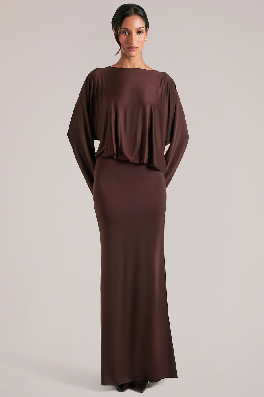 Oh Polly model Yasmin wearing the Lani Maxi Dress in Chocolate Brown Soft Jersey fabric perfect for date night