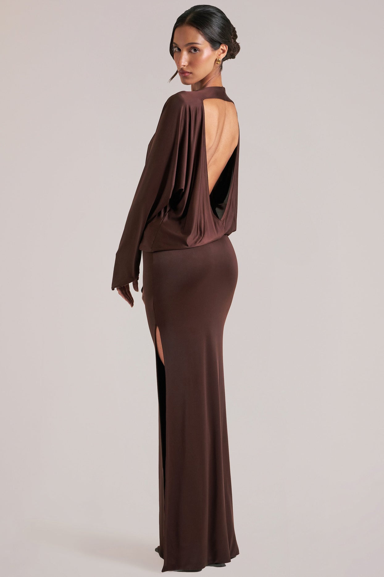 Oh Polly model Yasmin wearing the Lani Maxi Dress in Chocolate Brown Soft Jersey fabric perfect for special celebrations