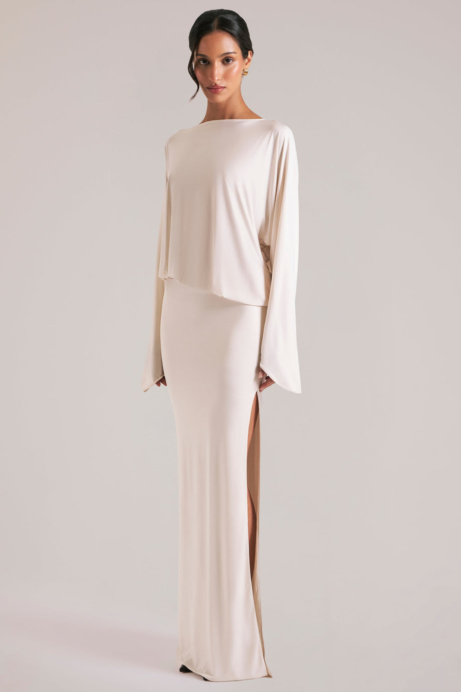 Long-Sleeve Draped Maxi Dress in Ivory