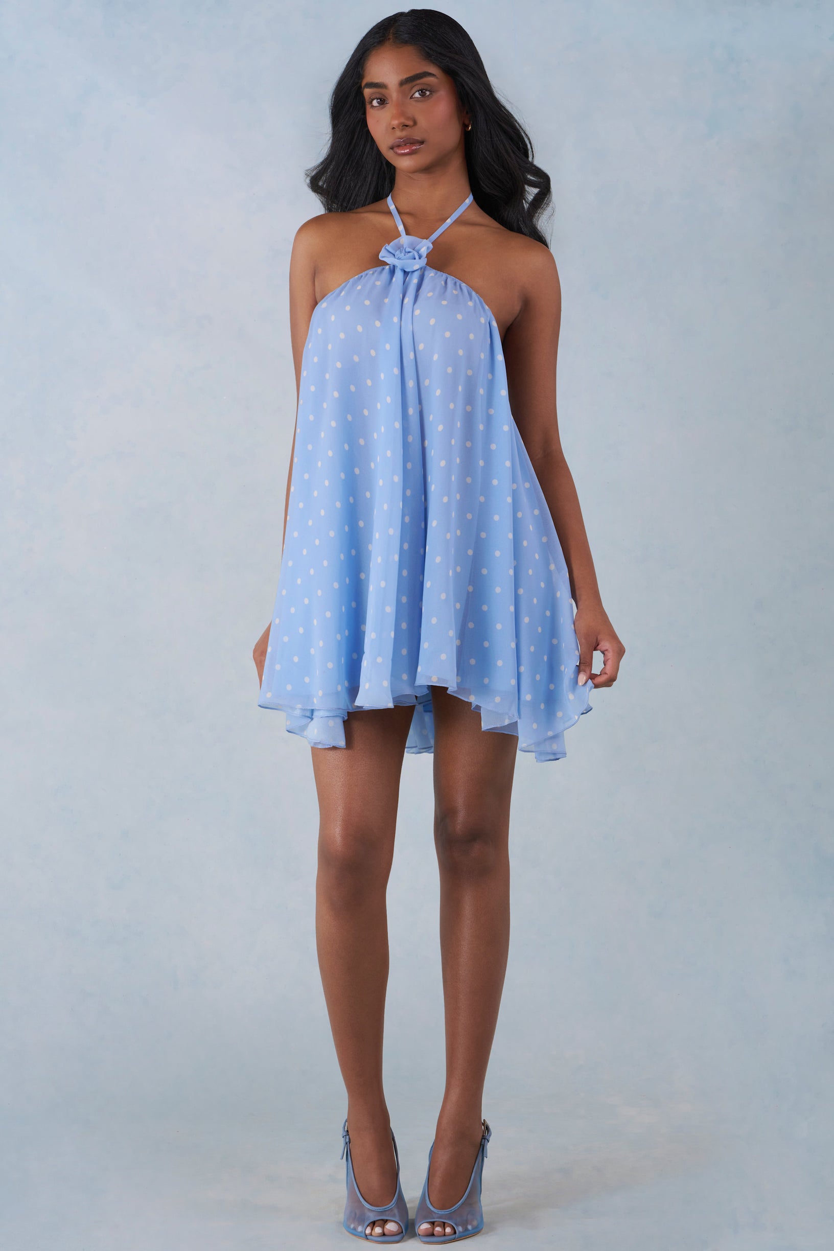 Halterneck Babydoll Mini Dress in Blue Polka Dot Print - 1