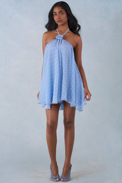 Evania Halterneck Babydoll Mini Dress in Blue Polka Dot