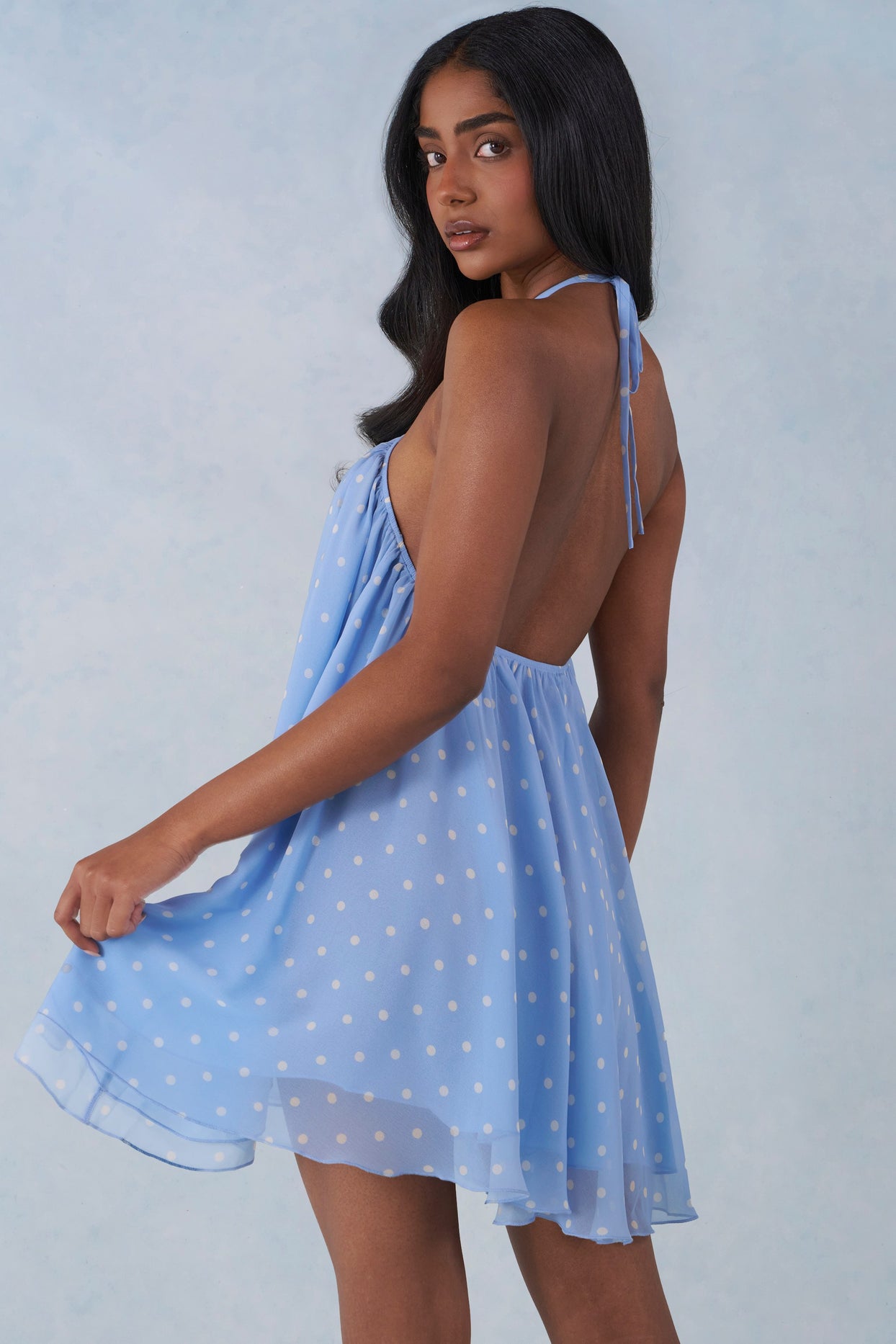 Halterneck Babydoll Mini Dress in Blue Polka Dot Print