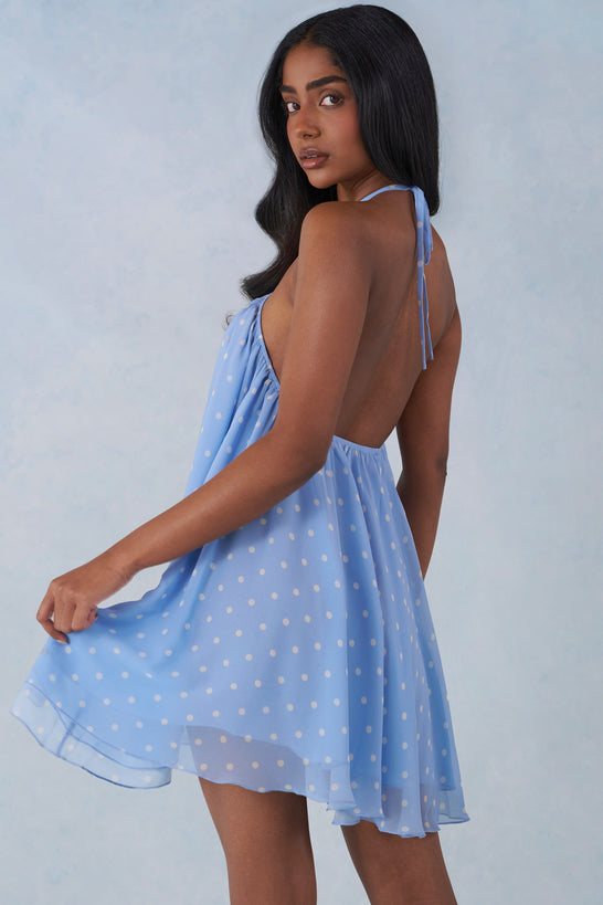Halterneck Babydoll Mini Dress in Blue Polka Dot Print