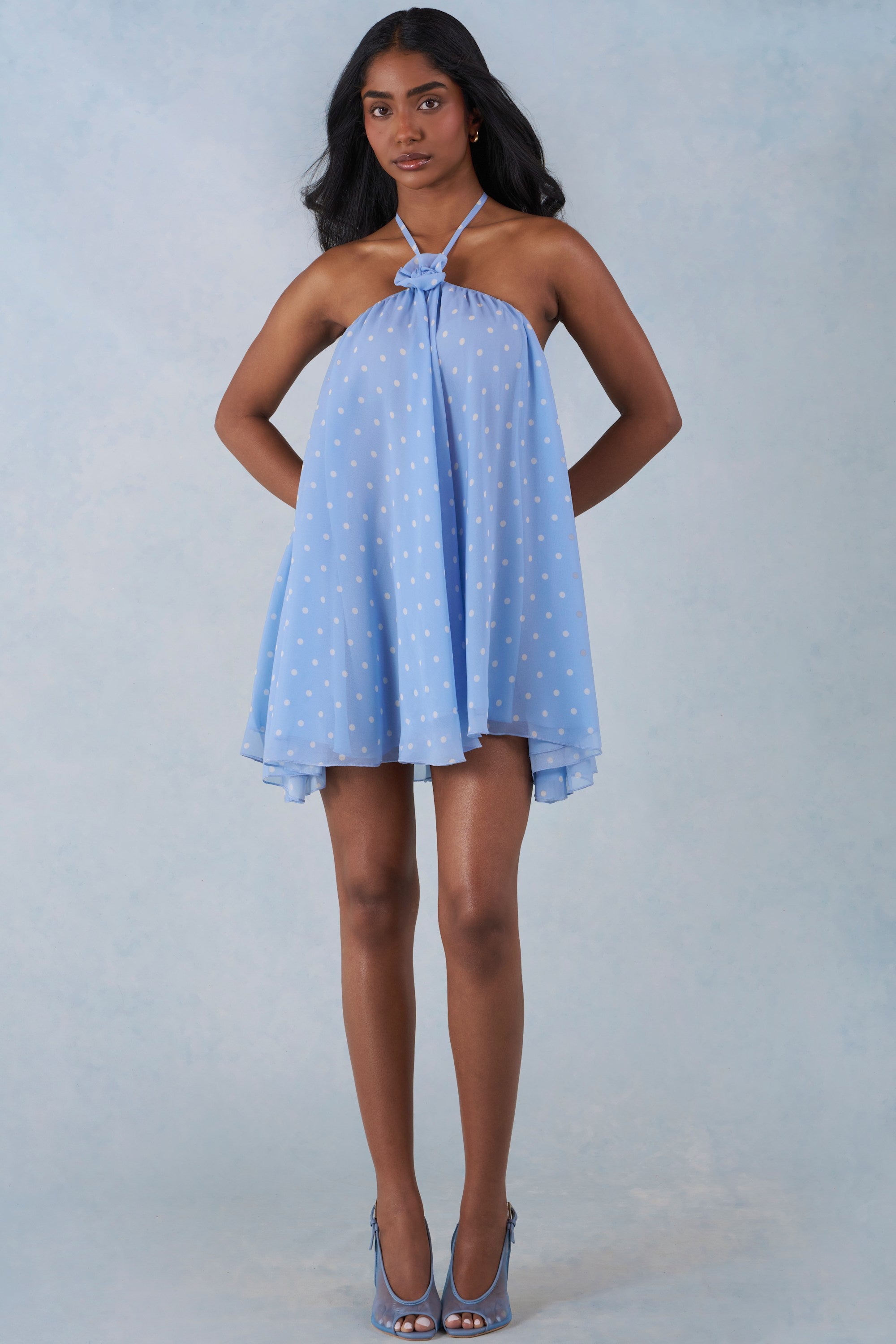 Evania Halterneck Babydoll Mini Dress in Blue Polka Dot | Oh Polly