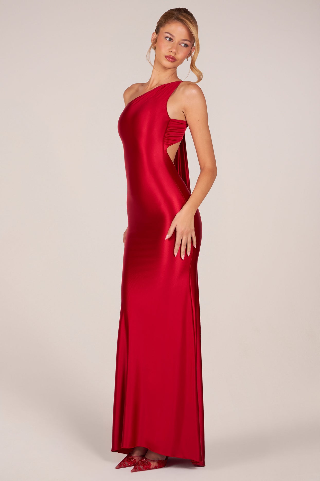 Asymmetric Tie-Back Gown in Rose Red