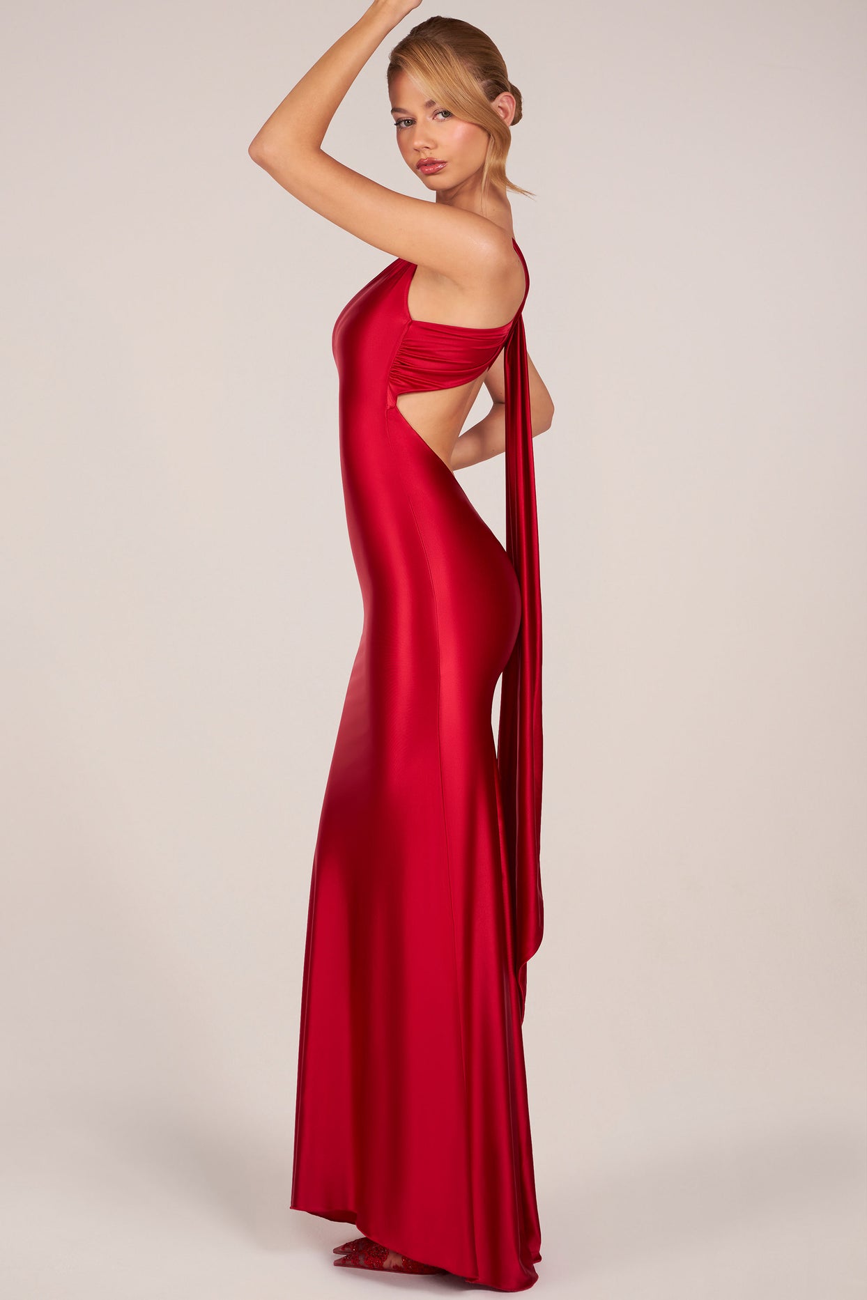 Asymmetric Tie-Back Gown in Rose Red