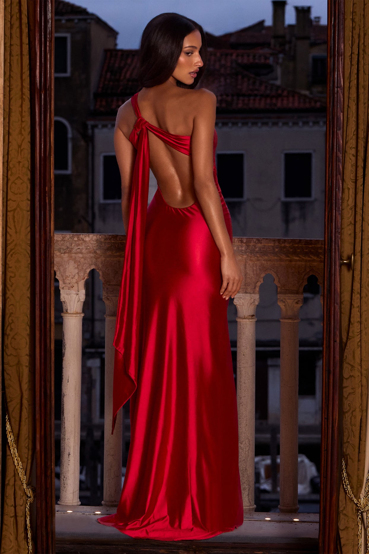 Asymmetric Tie-Back Gown in Rose Red