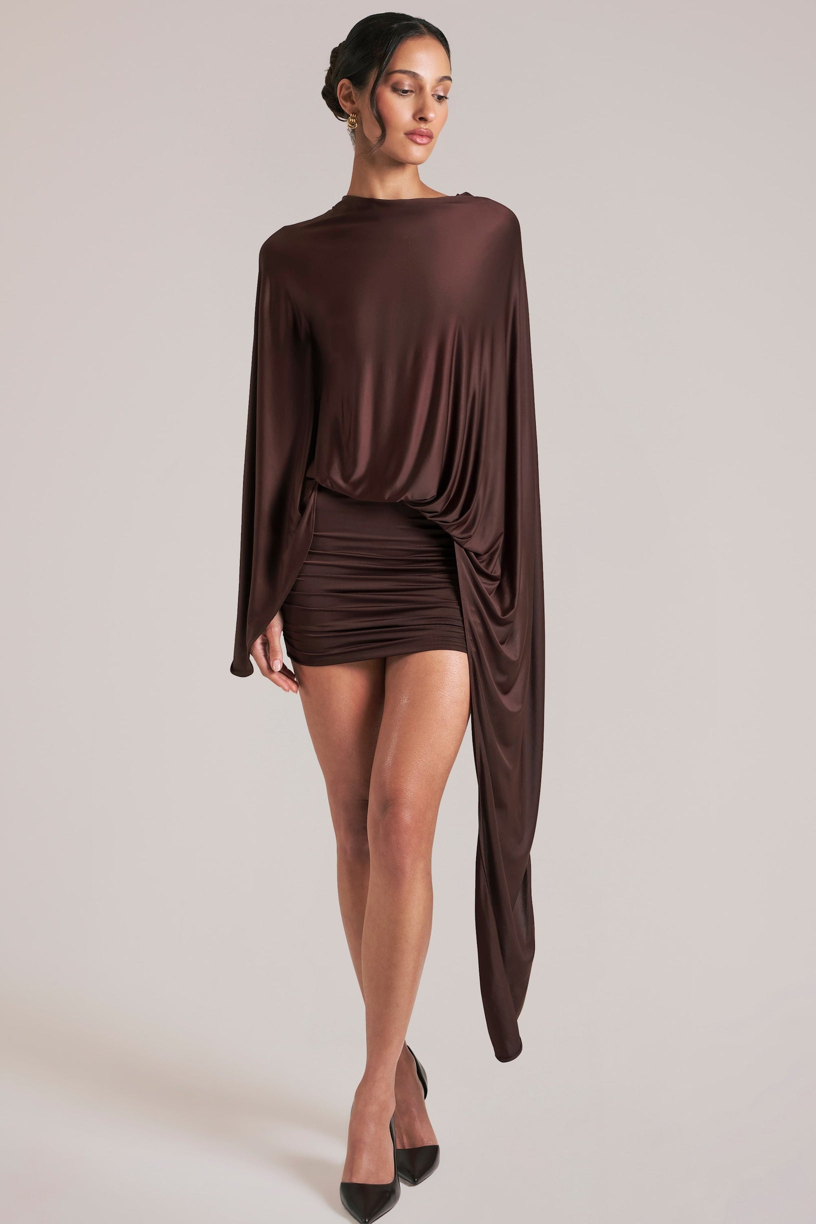 Draped Cape Mini Dress in Chocolate Brown - 2