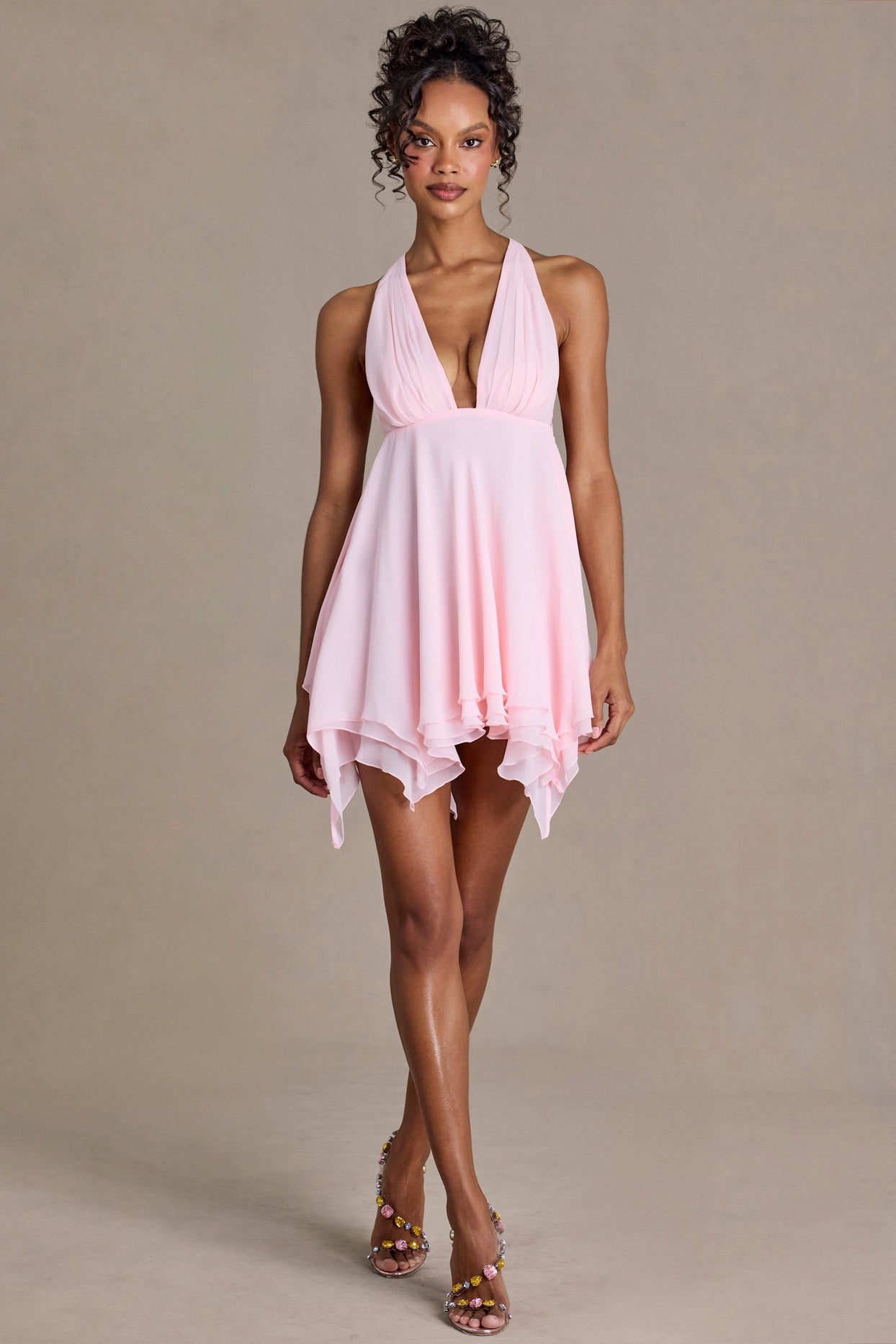 Premium Chiffon Plunge-Neck Open-Back Mini Dress in Baby Pink