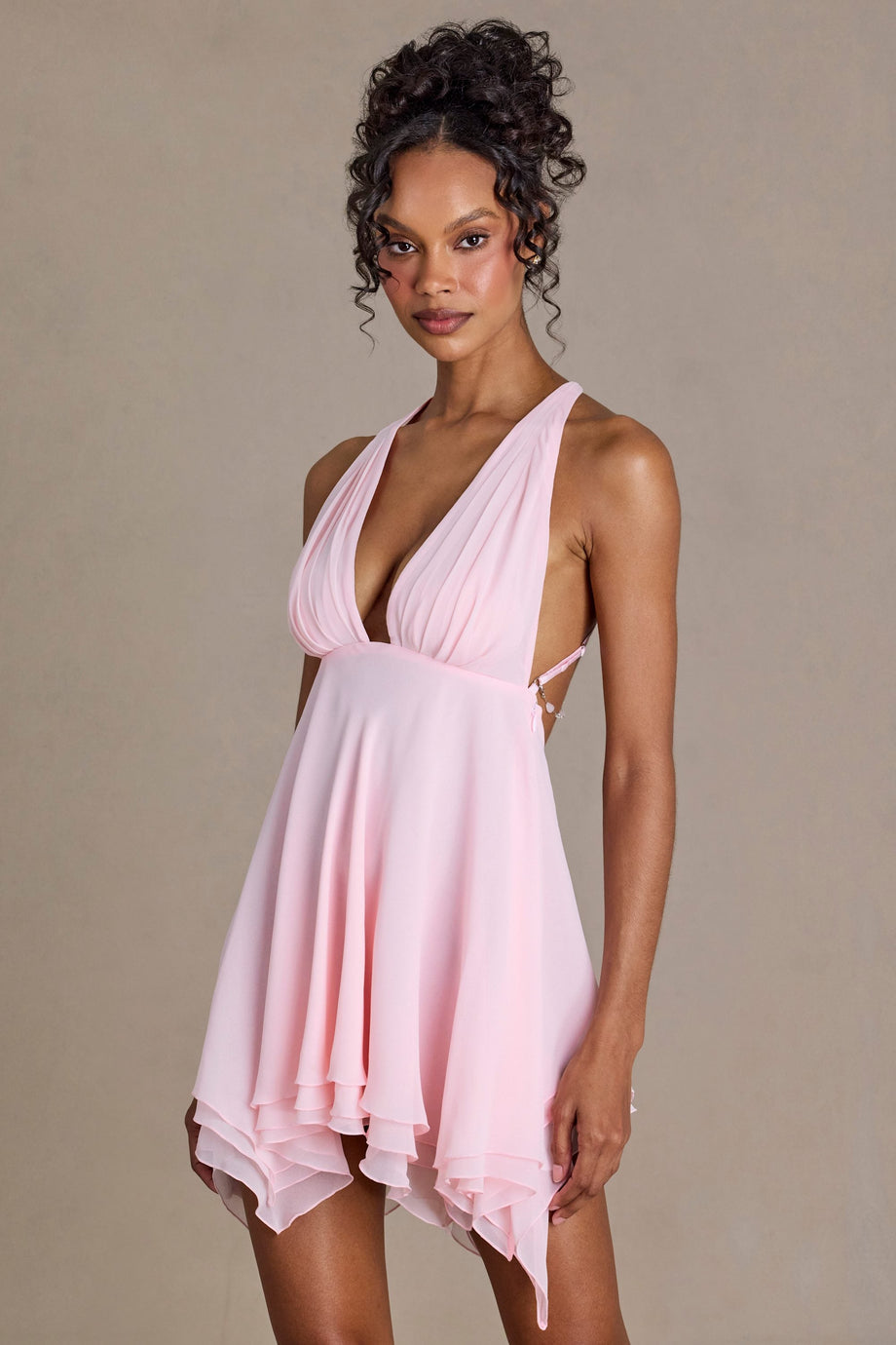 Premium Chiffon Plunge-Neck Open-Back Mini Dress in Baby Pink
