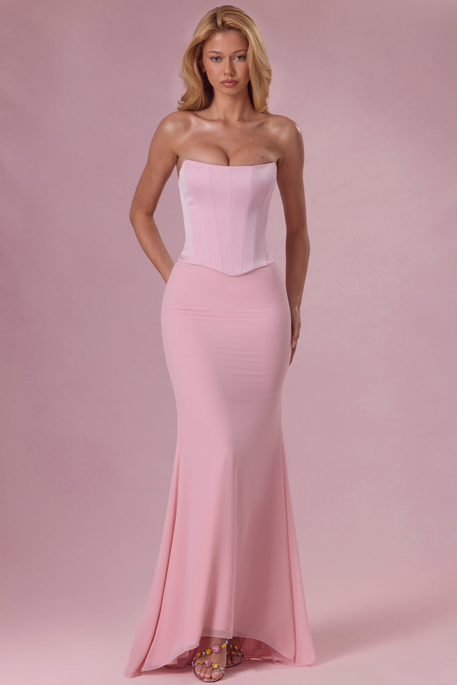 Premium Satin Strapless Corset Bridesmaid Dress in Blush Pink