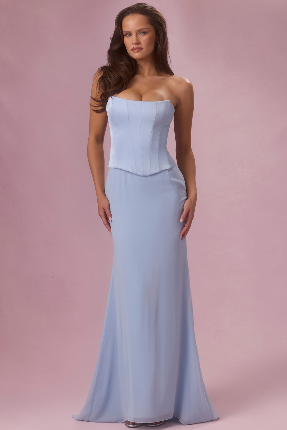 Premium Satin Strapless Corset Bridesmaid Dress in Powder Blue