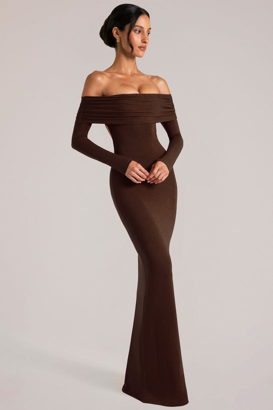 Oh Polly model Yasmin wearing the Depny Maxi Dress in Chocolate Brown Modal fabric perfect for summer weddings