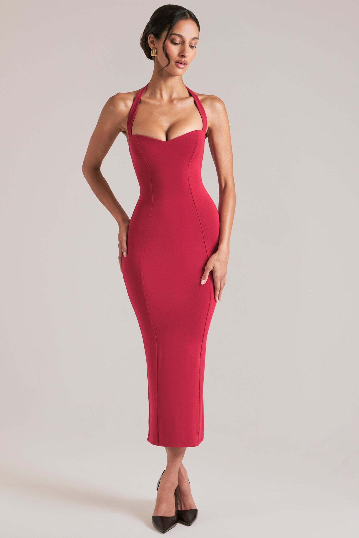 Oh Polly model Yasmin wearing the Landen Midi Dress in Cherry Red Modal fabric perfect for girls night out