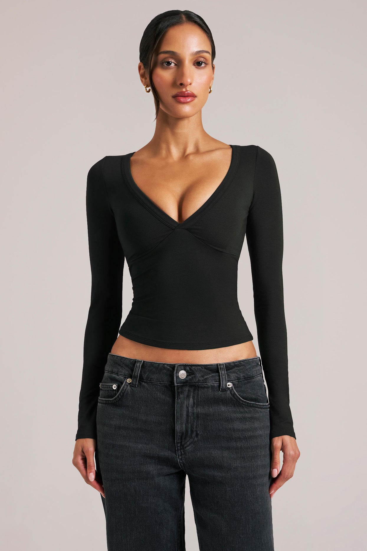 V-Neck Long-Sleeve Top  in Black