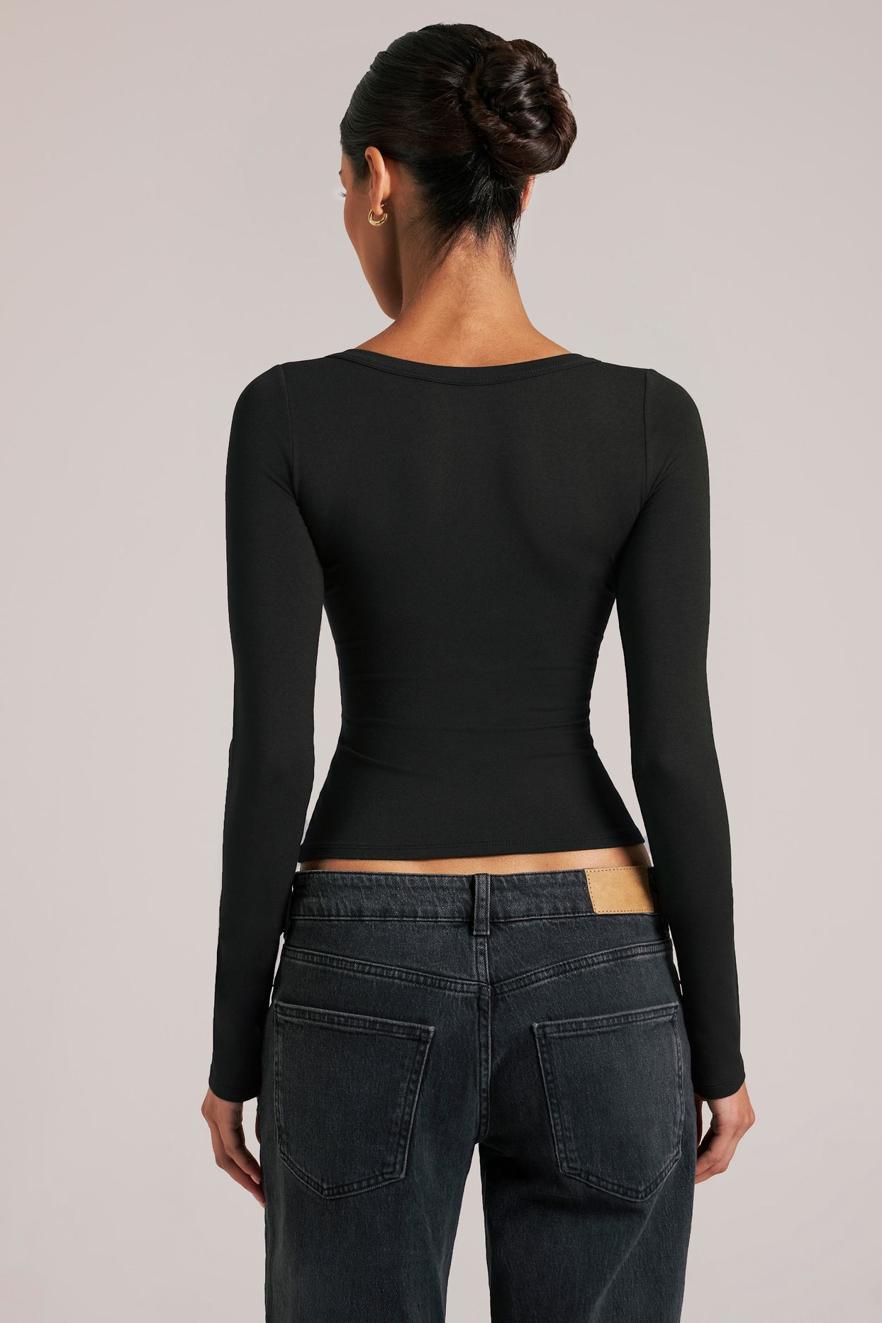 V-Neck Long-Sleeve Top  in Black