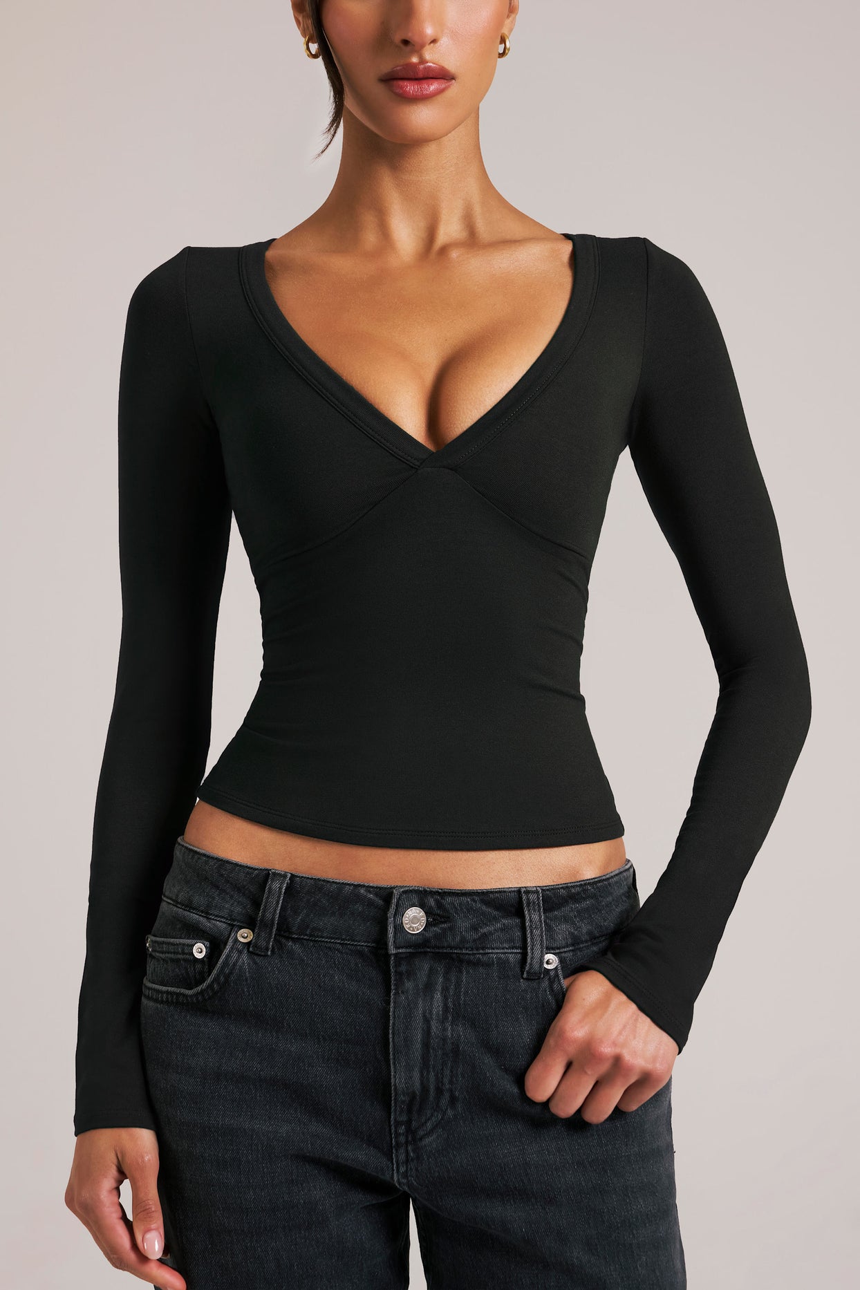V-Neck Long-Sleeve Top  in Black