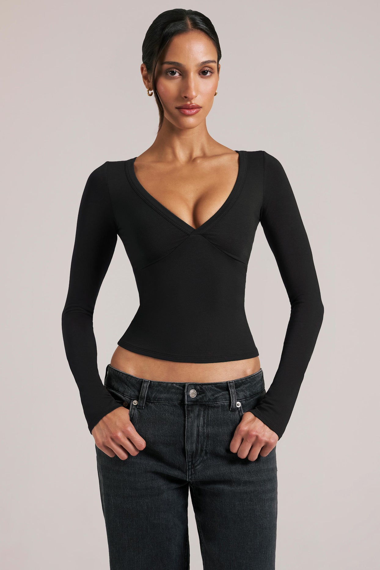 V-Neck Long-Sleeve Top  in Black