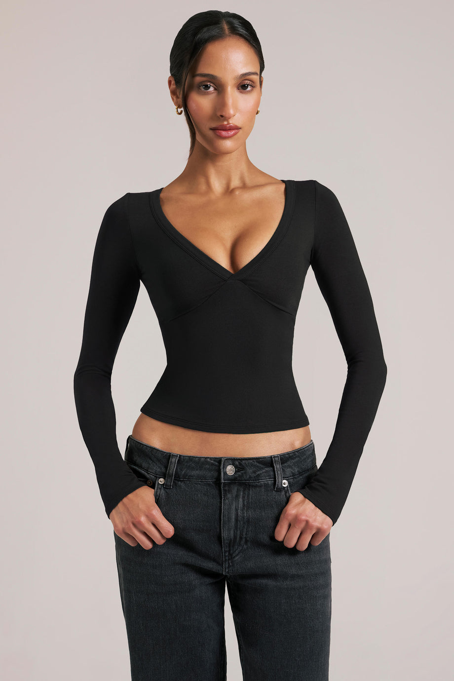 V-Neck Long-Sleeve Top  in Black