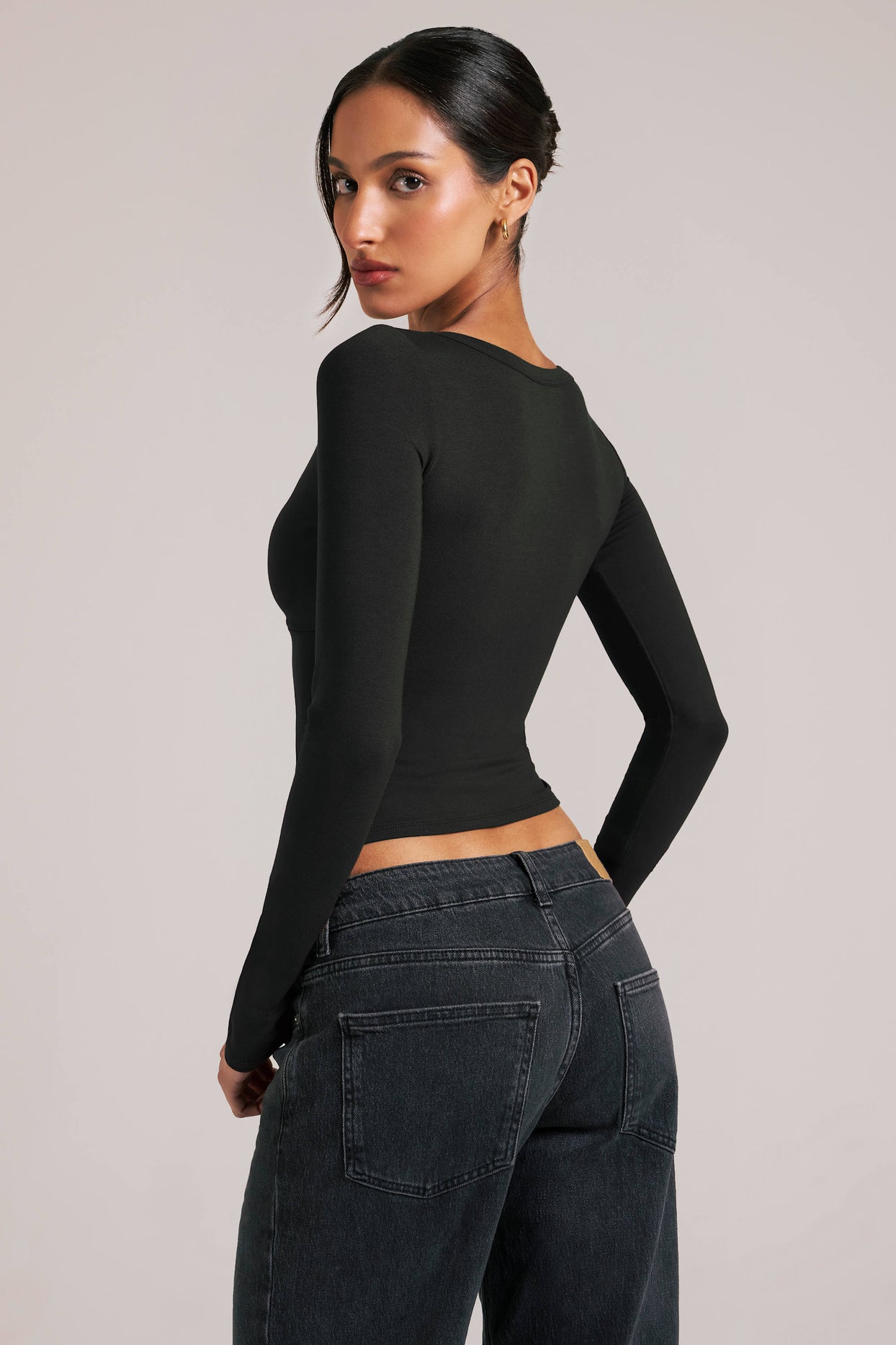 V-Neck Long-Sleeve Top  in Black