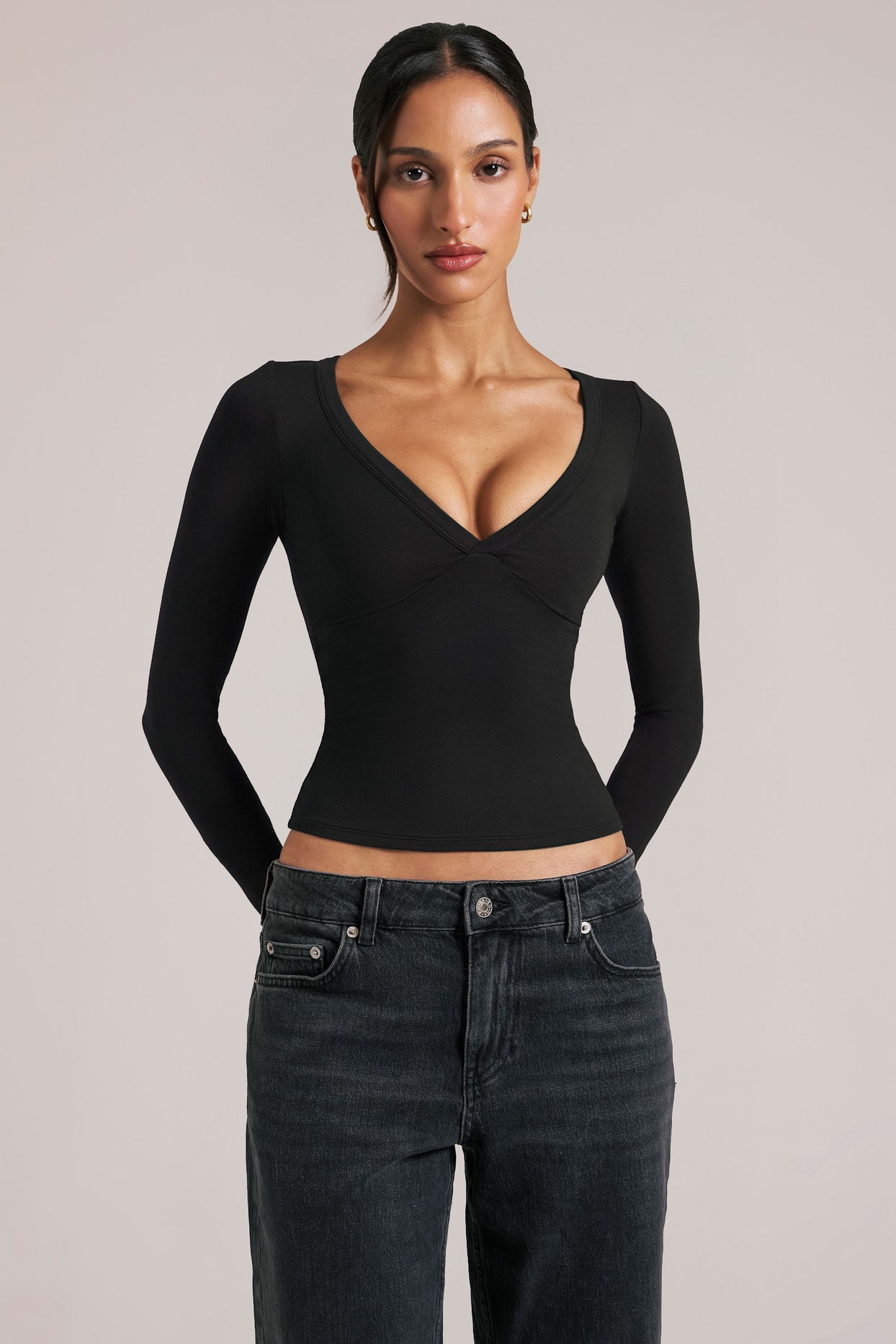 V-Neck Long-Sleeve Top  in Black