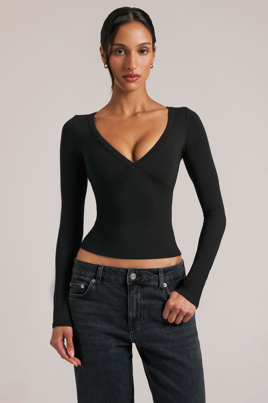 V-Neck Long-Sleeve Top  in Black