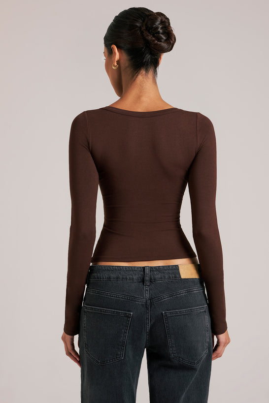 Oh Polly model Yasmin wearing the Zyra Tops in Chocolate Brown Soft Jersey fabric perfect for date night style