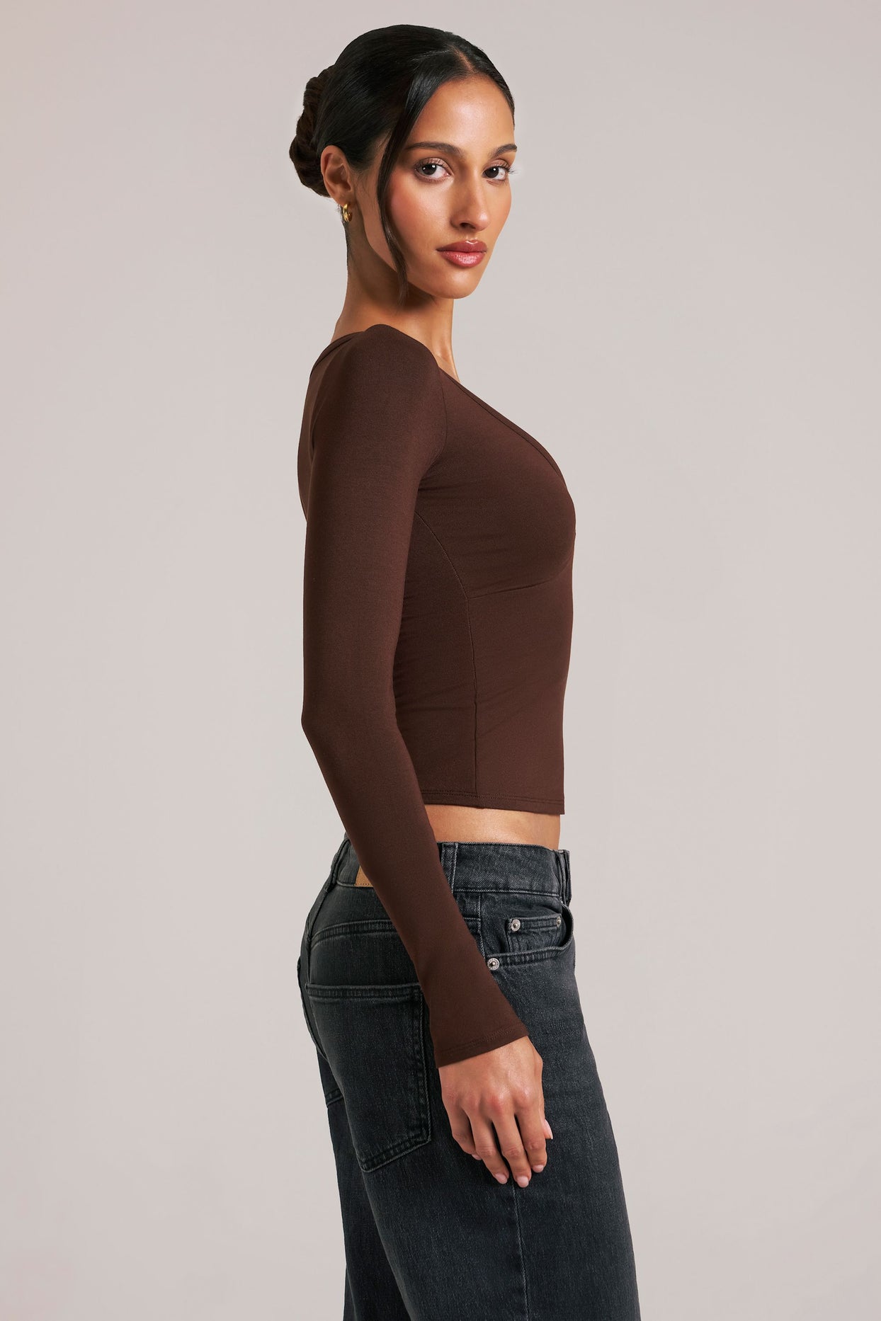 Oh Polly model Yasmin wearing the Zyra Tops in Chocolate Brown Soft Jersey fabric perfect for casual day out
