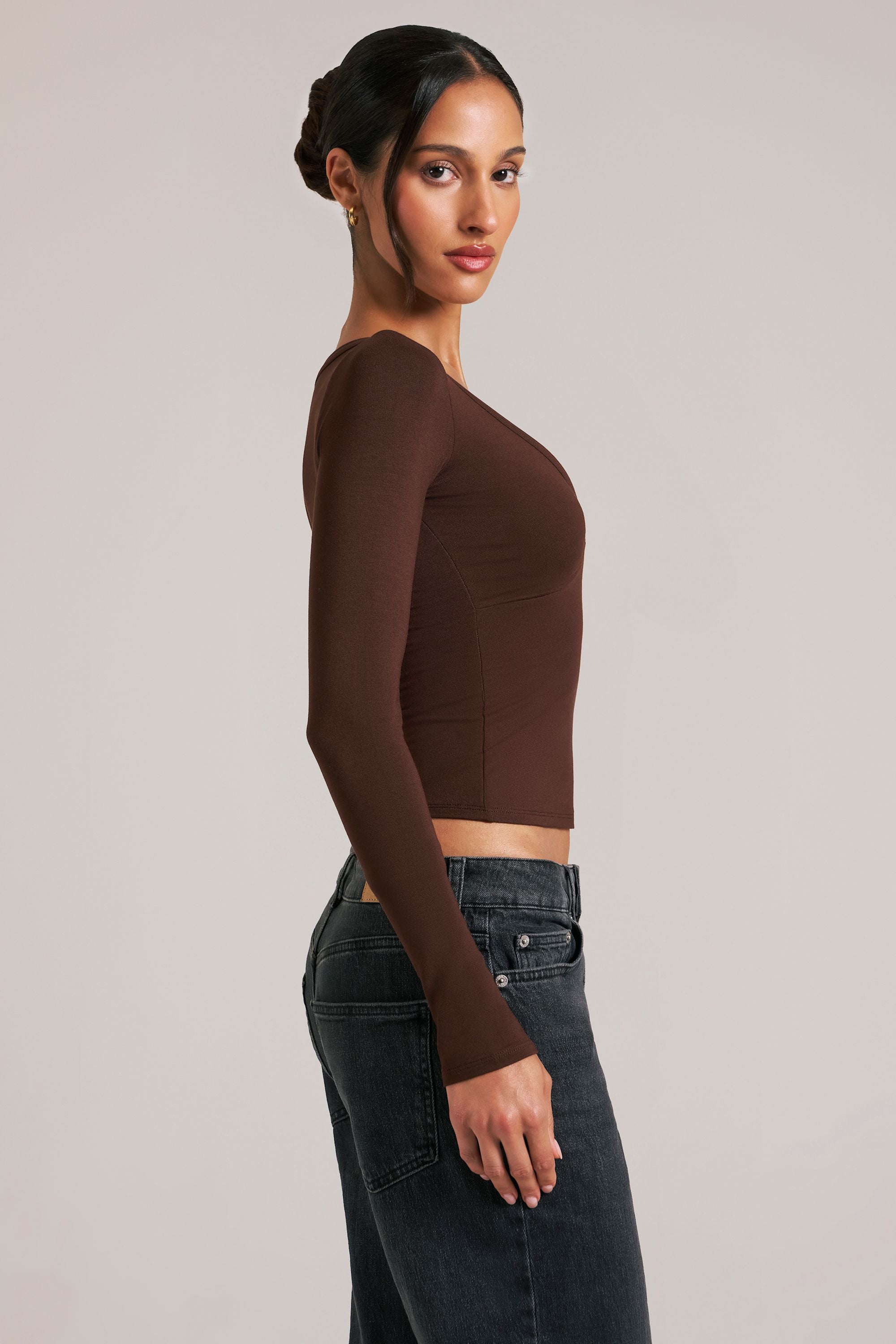 V-Neck Long-Sleeve Top  in Chocolate Brown