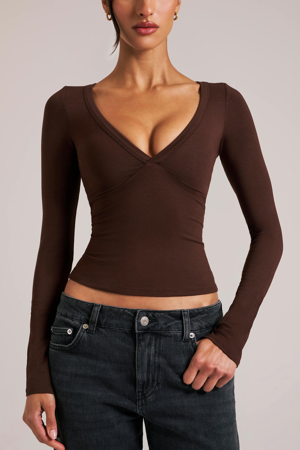 Oh Polly model Yasmin wearing the Zyra Tops in Chocolate Brown Soft Jersey fabric perfect for shopping trips