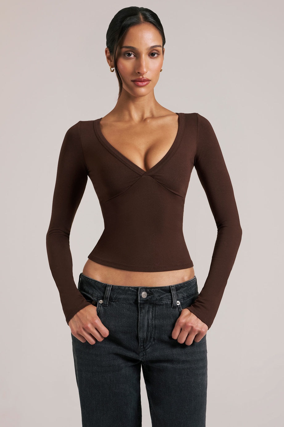 Oh Polly model Yasmin wearing the Zyra Tops in Chocolate Brown Soft Jersey fabric perfect for coffee catch-ups