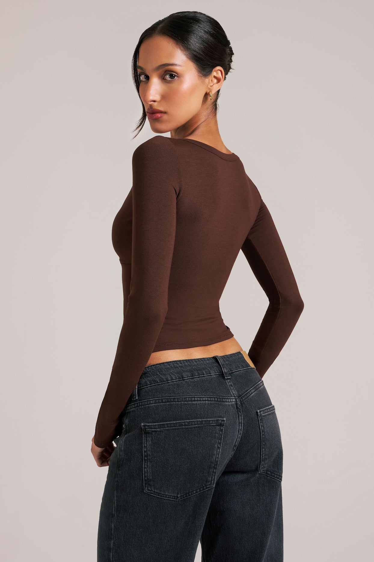 Oh Polly model Yasmin wearing the Zyra Tops in Chocolate Brown Soft Jersey fabric perfect for weekend lounging