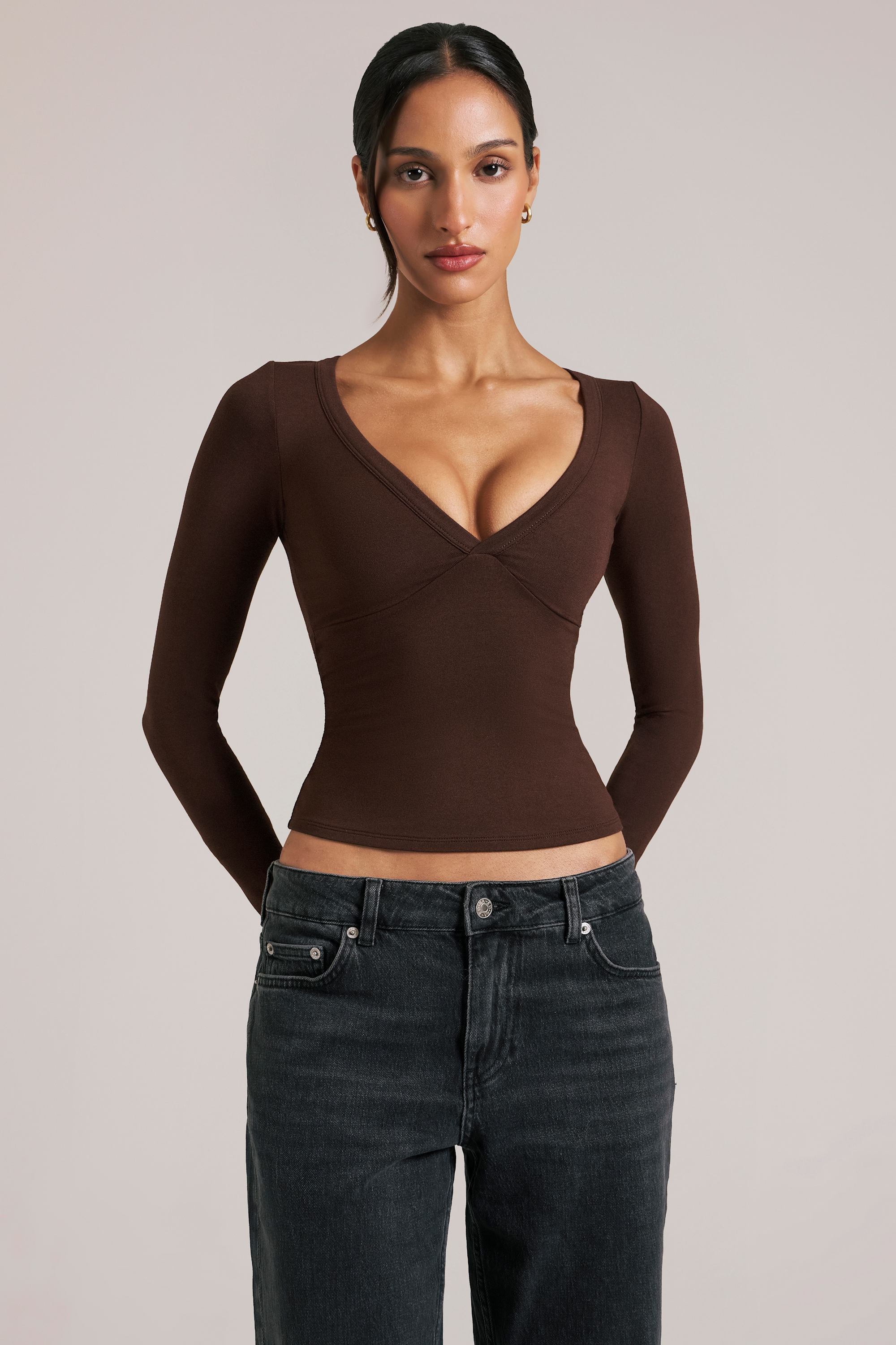 V-Neck Long-Sleeve Top  in Chocolate Brown